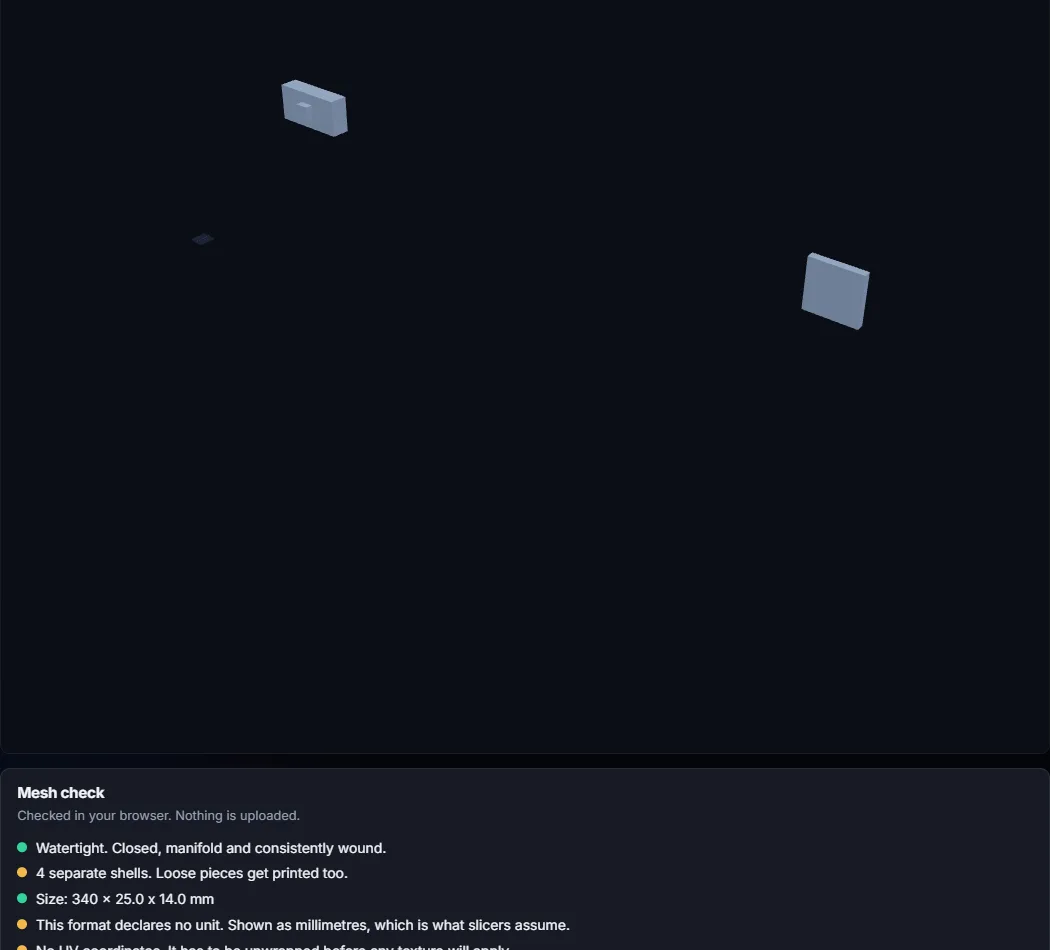 Our STL viewer showing a converted Bambu project: the plate 1 body and the plate 2 part sit far apart, and the mesh check reports 4 separate shells and a size of 340 x 25 x 14 mm