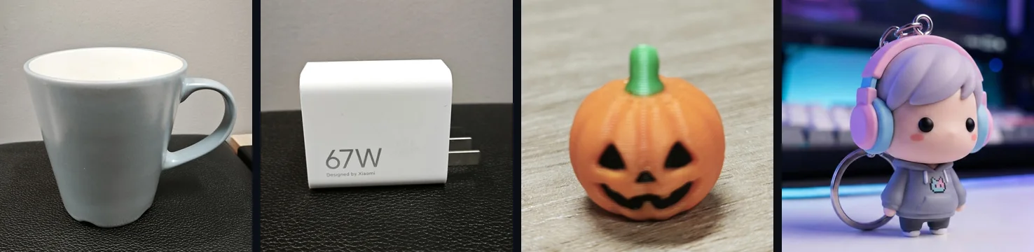 The four input images side by side: a pale blue ceramic mug with a handle, a white phone charger with fold-out pins, an orange 3D printed jack-o'-lantern with a black face, and an AI generated image of a chibi figurine with headphones on a keyring.