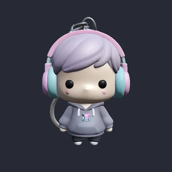 A cartoon figurine with headphones and a key ring, rendered in Godot from the GLB exactly as the generator delivered it, with its colours and the metal key ring intact.