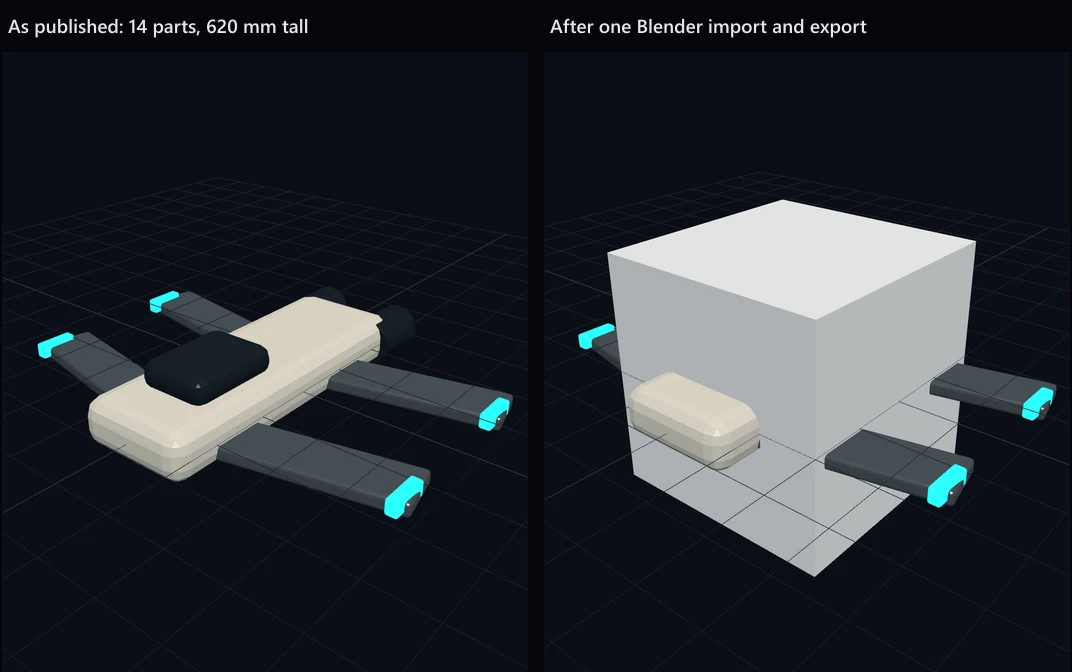 The published spacecraft, 14 parts and 620 mm tall, next to the same file after one Blender import and export, where a two metre cube now surrounds most of it.