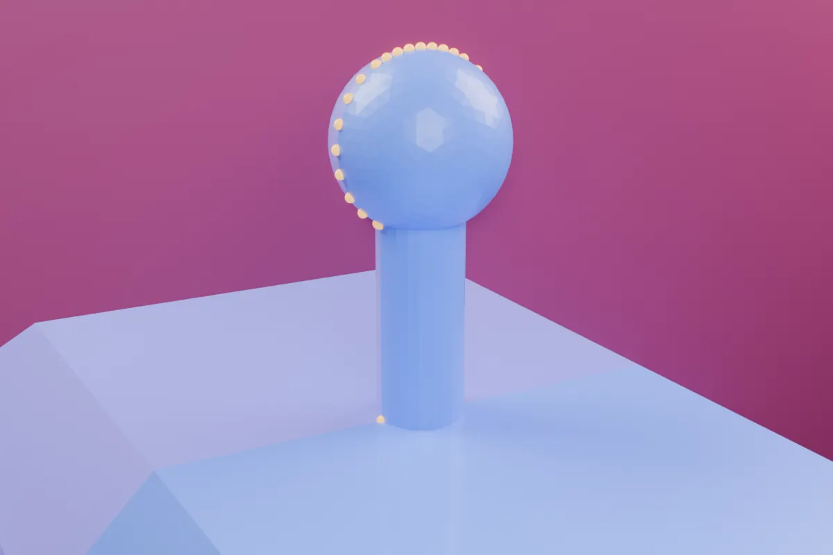 The ball on top of the robot's antenna, with the pink cut plane running down the robot's centre line. Amber dots mark the vertices that sit exactly on that plane, a ring around the ball's outline.