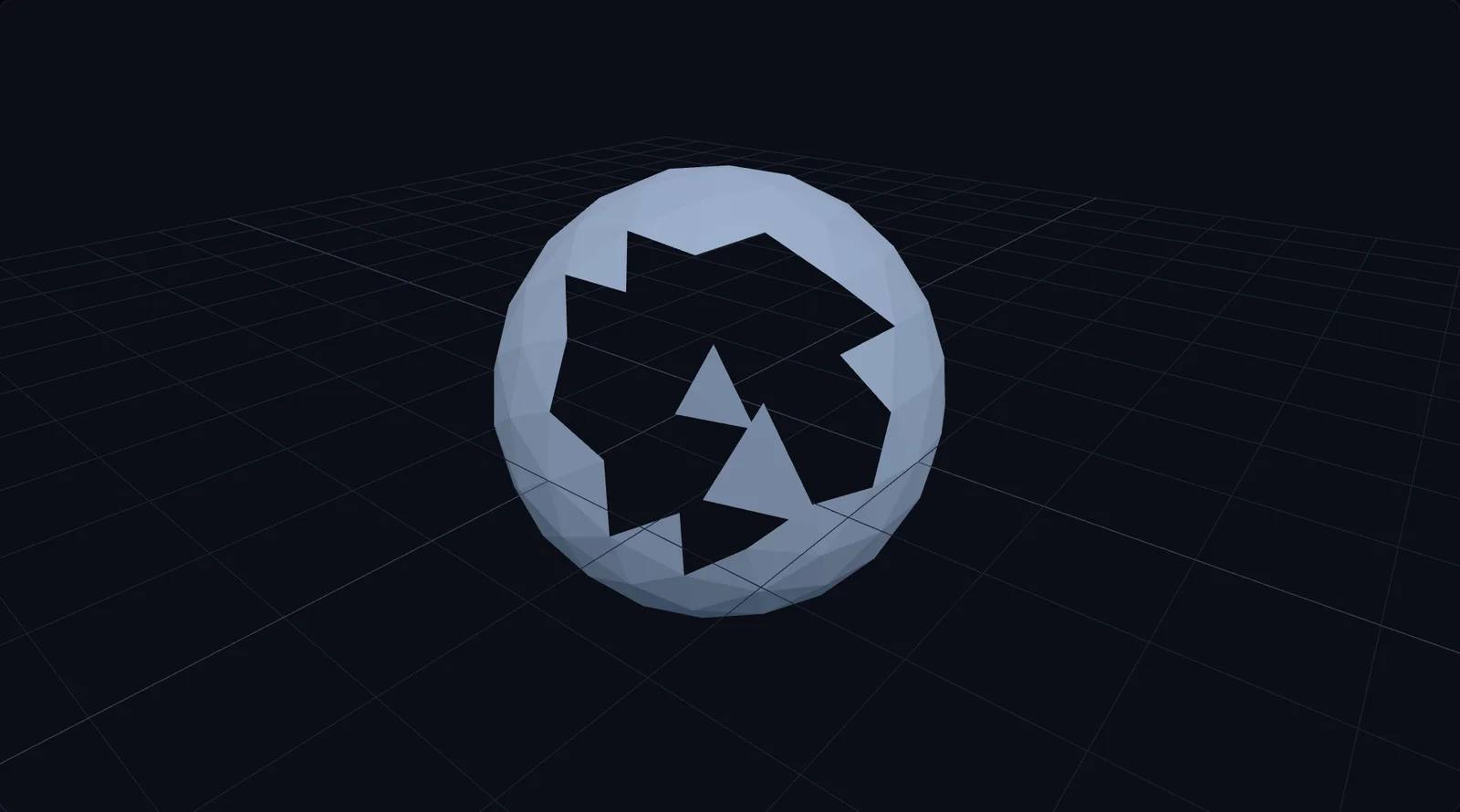 A broken STL loaded in the 3D Tool Wiki online STL viewer: a sphere with a large ragged hole showing through to the dark interior, and two stray debris triangles floating inside the gap