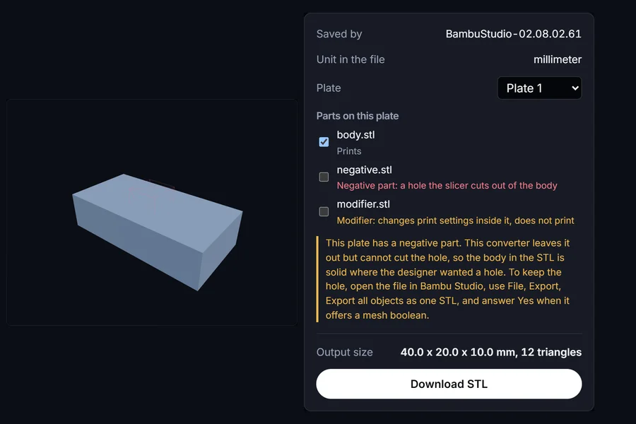 The converter with a Bambu Studio project loaded: plate selector, body marked as printing, negative part and modifier unticked, and a warning about the hole