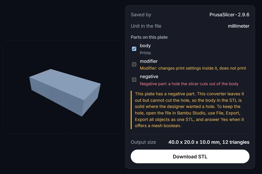 The converter with a PrusaSlicer project loaded: body, modifier and negative part listed separately