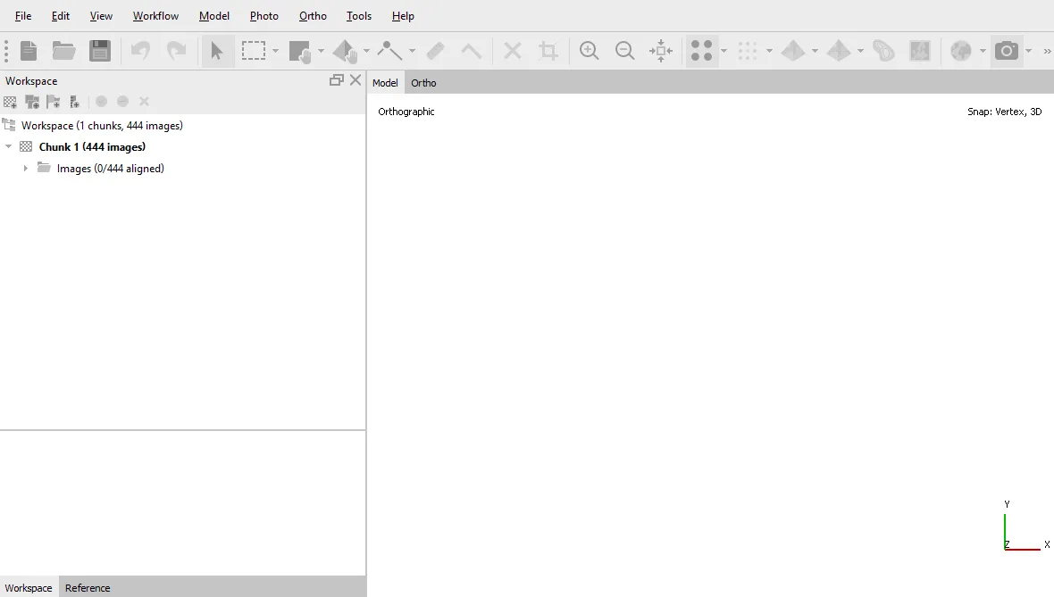 The Workspace pane at the start of a project, listing a chunk of 444 images with none yet aligned, beside the Reference tab where control points are entered.