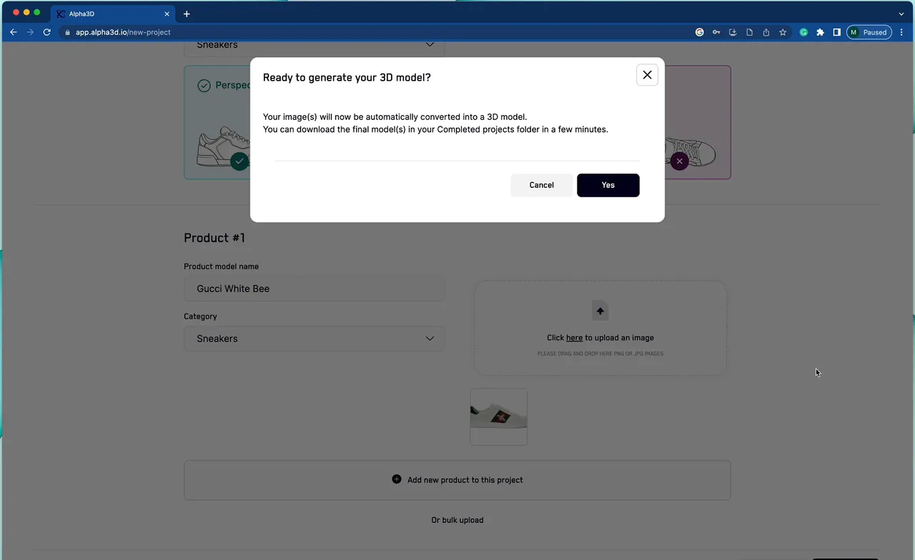 The confirmation on submitting. Generation is asynchronous: the finished model appears in the Completed projects folder rather than on screen.