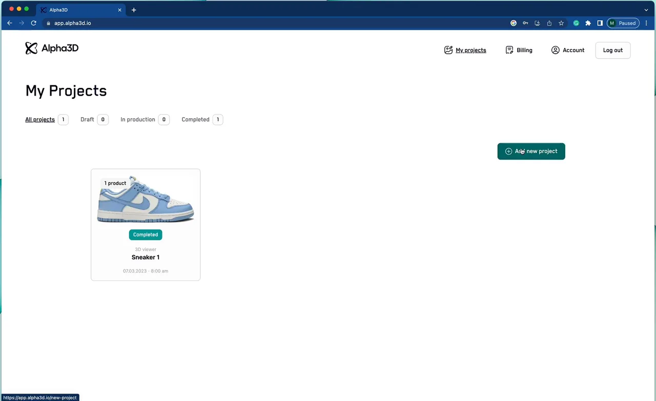 The project list, split into All projects, Draft, In production and Completed, with one finished sneaker dated March 2023.