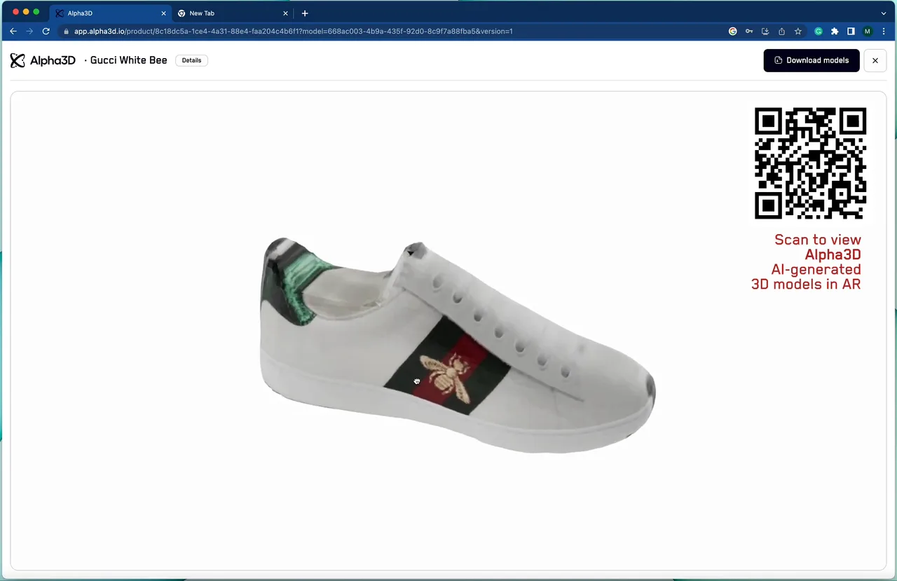 The finished model in Alpha3D's viewer, with a Download models button and a QR code for viewing it in AR. The seams across the toe and the heel are in the vendor's own footage.