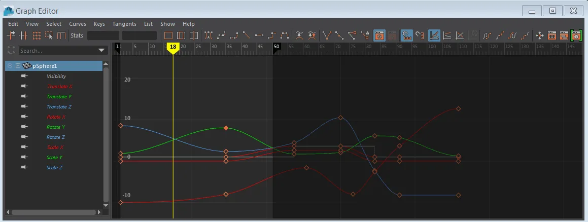 The Graph Editor, where animation is edited as curves rather than keys on a timeline, with tangent handles controlling the interpolation between them.