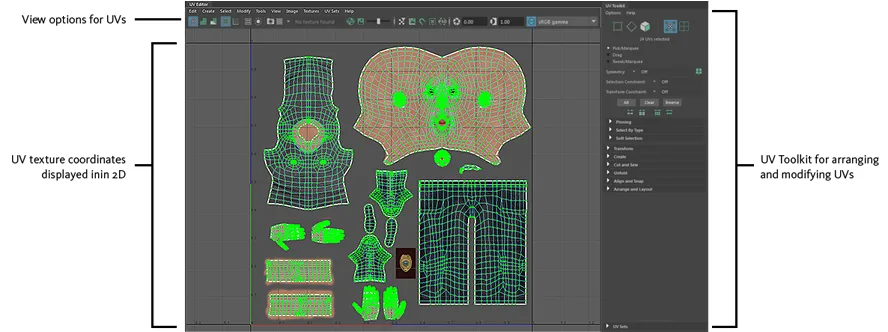 The UV Editor with the UV Toolkit docked at the right, annotated by Autodesk. The 2D layout on the left is the unwrapped texture space for the model.