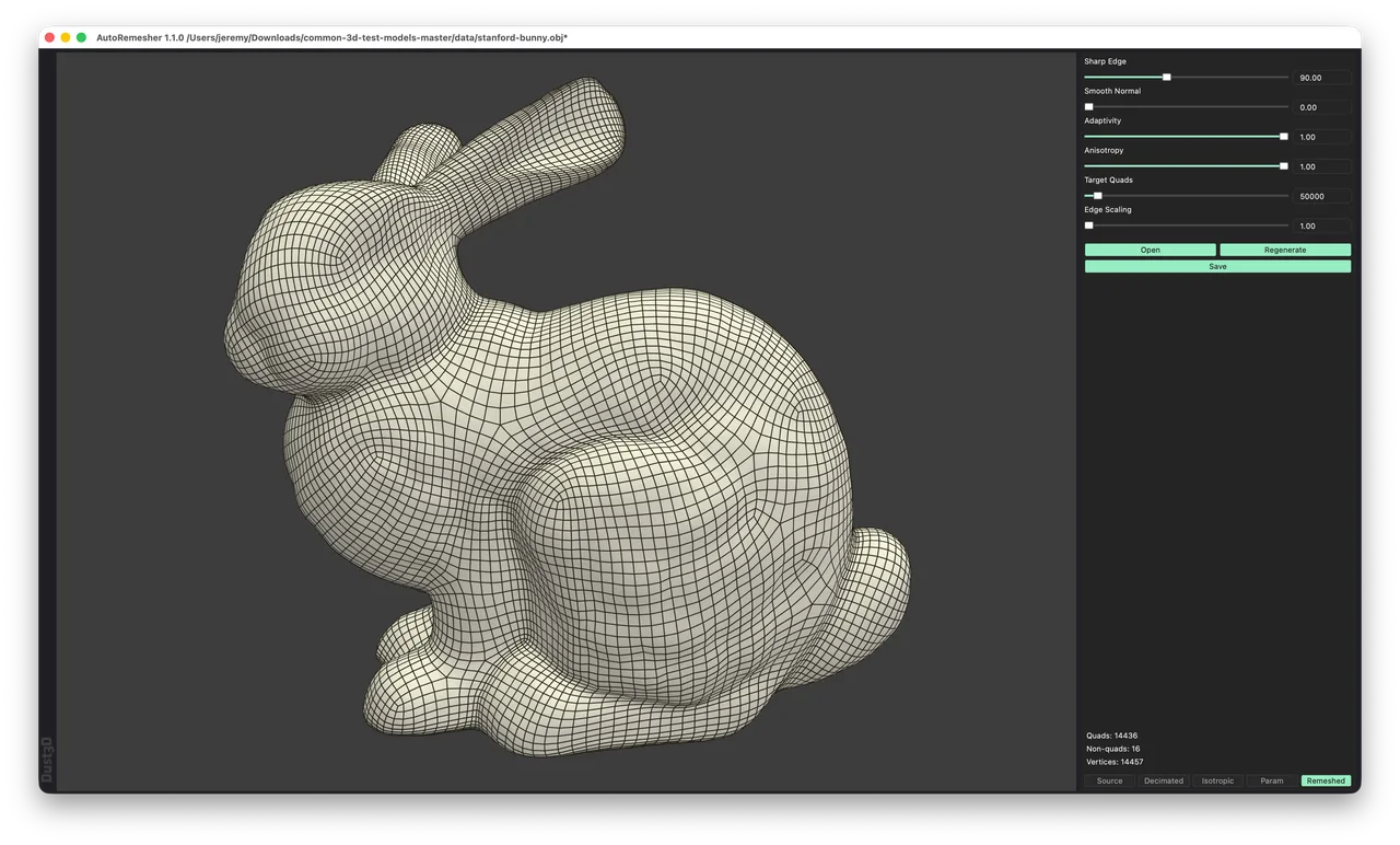 Version 1.1.0 on the Stanford Bunny. The same 50,000 target yields 14,436 quads with only 16 non-quads, and the new Anisotropy slider and Source/Decimated/Isotropic/Param preview tabs are visible.