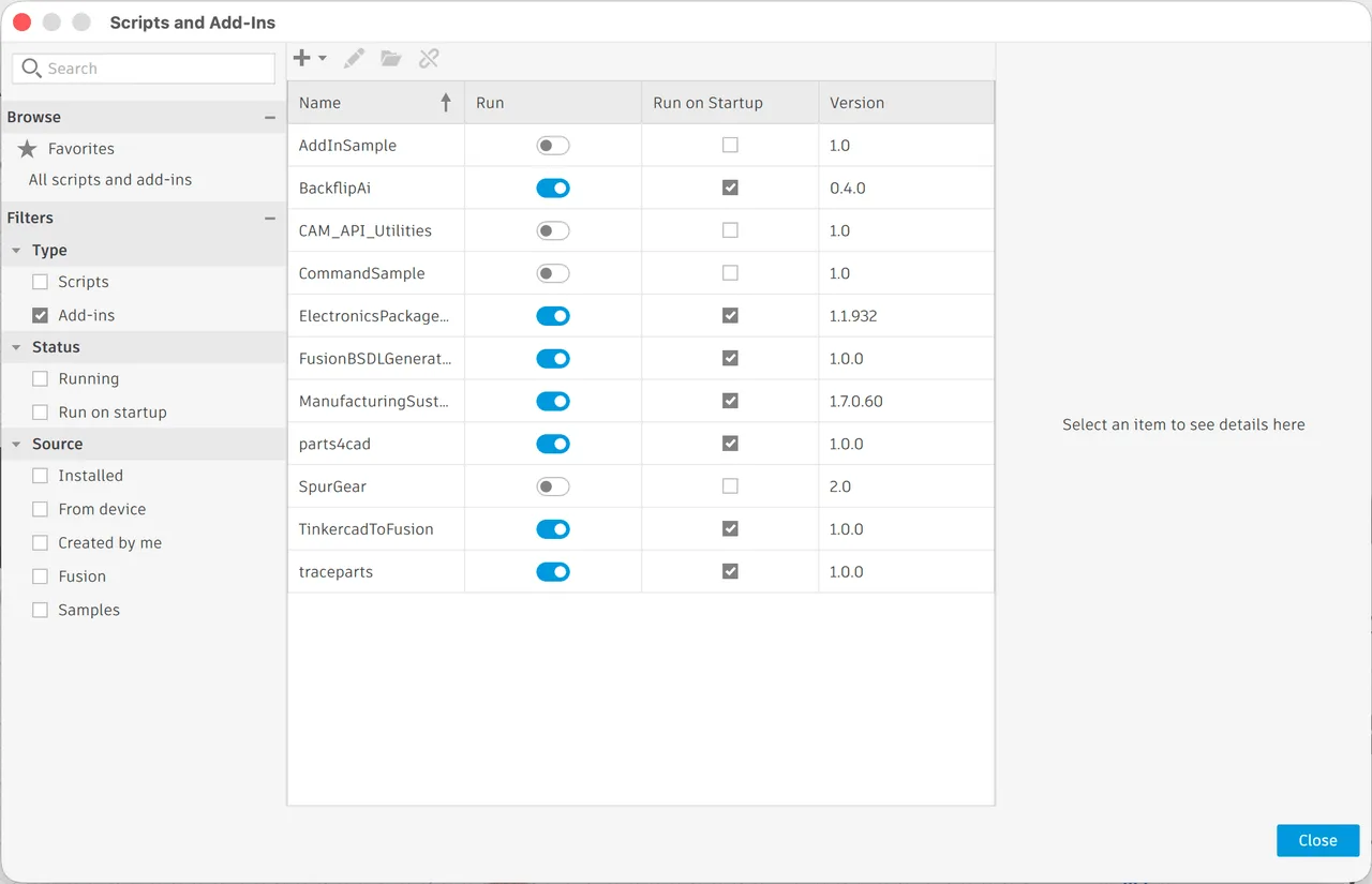 Fusion's Scripts and Add-Ins dialog with BackflipAi enabled and set to run on startup, listed at version 0.4.0.