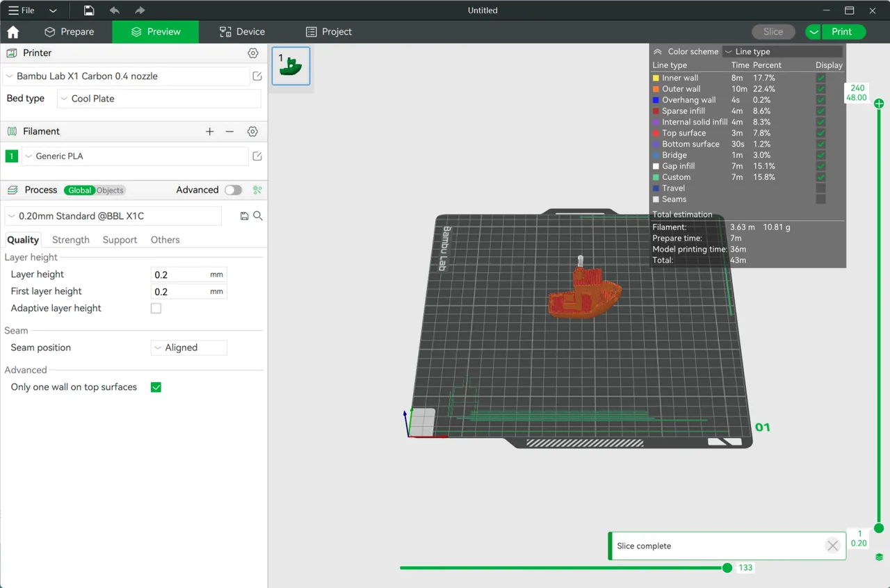 The Preview tab after slicing a 3DBenchy, with the line type legend breaking the estimate down by inner wall, outer wall, infill and bridge, and a total of 3.63 m of filament, 10.81 g and 43 minutes.