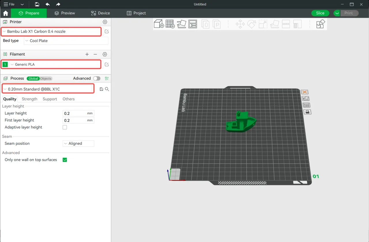 The three preset pickers highlighted in the Prepare tab: printer (Bambu Lab X1 Carbon 0.4 nozzle), filament (Generic PLA) and process (0.20mm Standard @BBL X1C), with a model loaded on the plate.