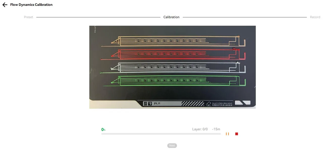 The Flow Dynamics Calibration wizard part way through its Preset, Calibration and Record steps, with the printer laying down four coloured test patterns on the plate and a 15 minute estimate.