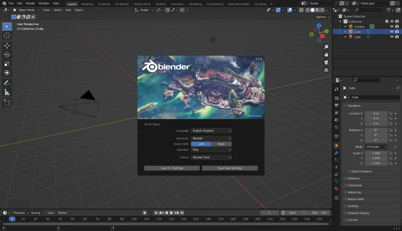 Blender 3.3 interface with the 3D viewport, outliner and properties editor in the default layout.