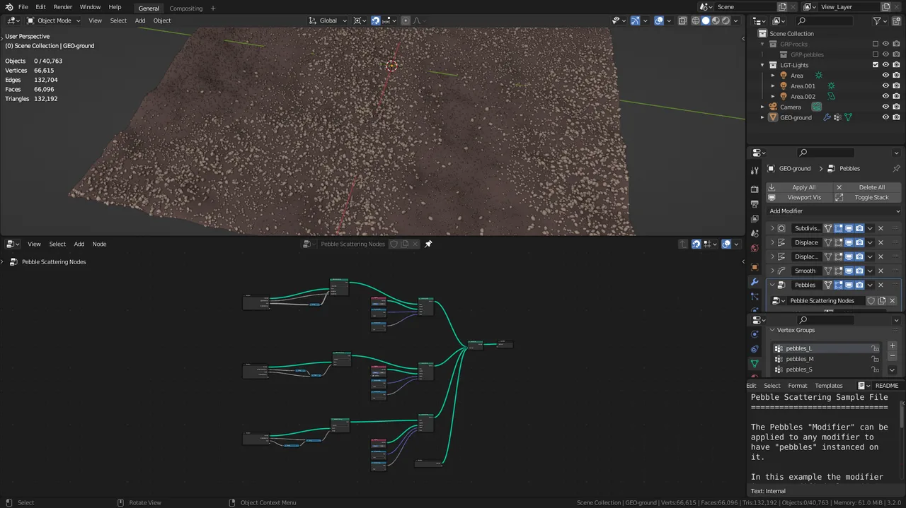 Geometry Nodes in action: a procedural pebble scattering setup driving the ground scene above the node graph.