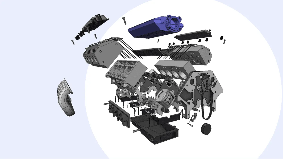 An exploded mechanical assembly rendered from B-Rep geometry, with each part of the engine block separated in the viewport.