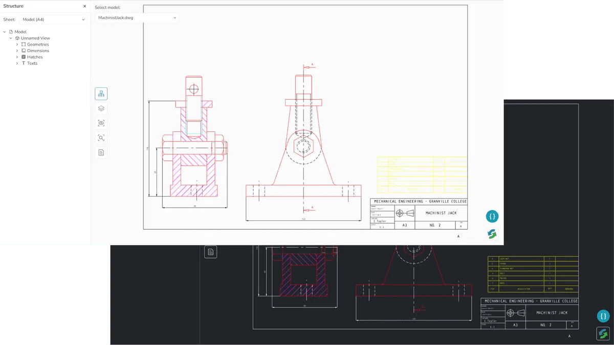 Web Toolkit viewers running in a browser: a 2D engineering drawing alongside its structure tree, and a dark theme variant.