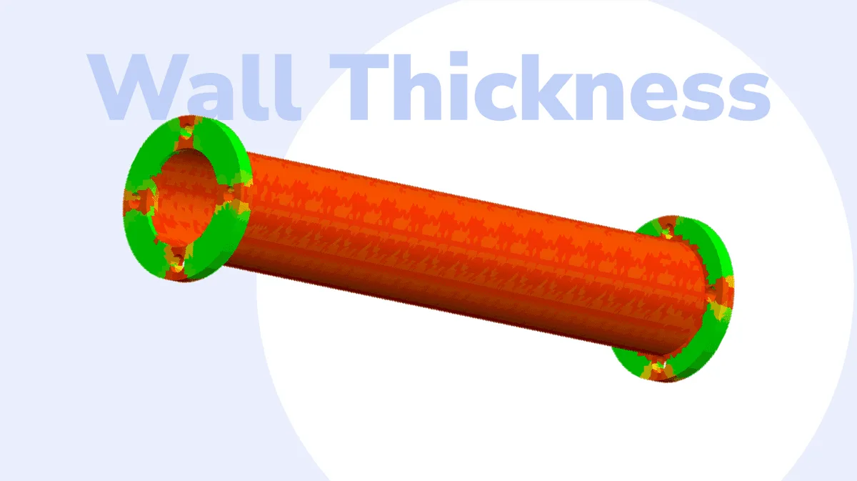 Manufacturing Toolkit wall thickness analysis, colouring a tube from red to green by measured thickness. This is the analysis layer that sits on top of plain translation.