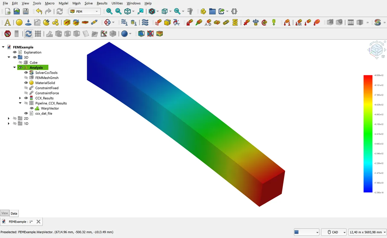 The FEM workbench displaying an analysis result as a colour mapped stress plot.