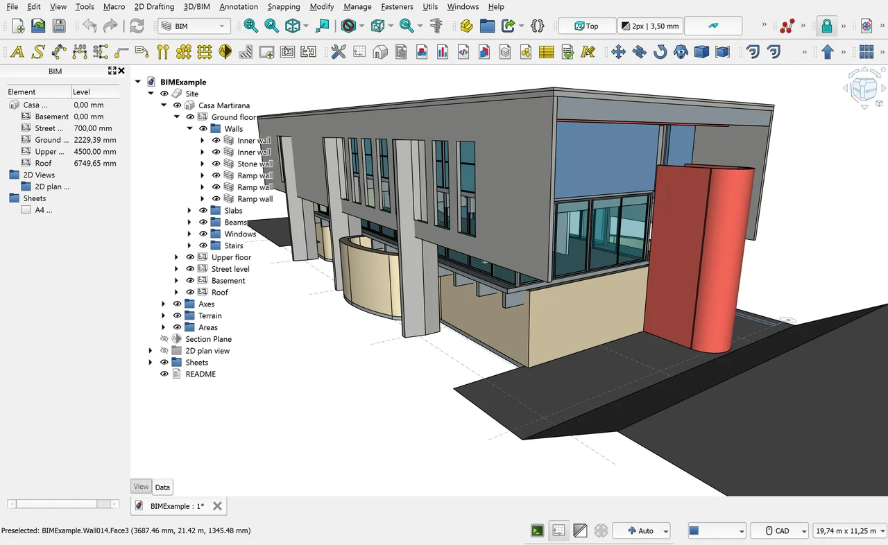 The BIM workbench with an architectural model and its building element tree.
