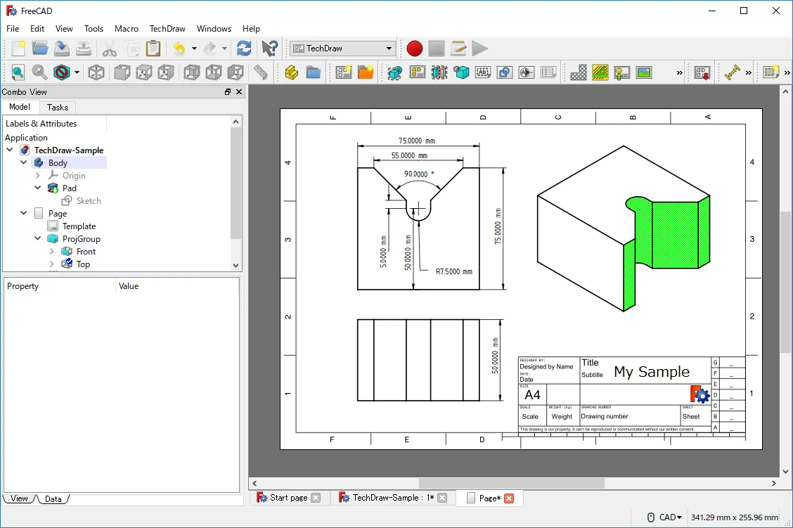 TechDraw generating a dimensioned 2D engineering drawing from the 3D model.