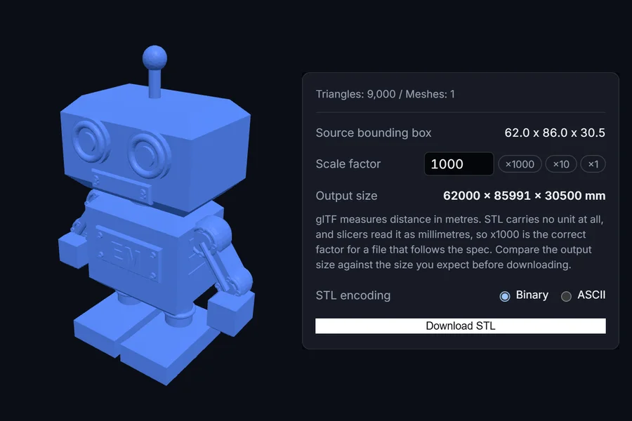 El conversor con un robot escrito en milímetros: tamaño de salida 62000 x 85991 x 30500 mm con el factor x1000 predeterminado