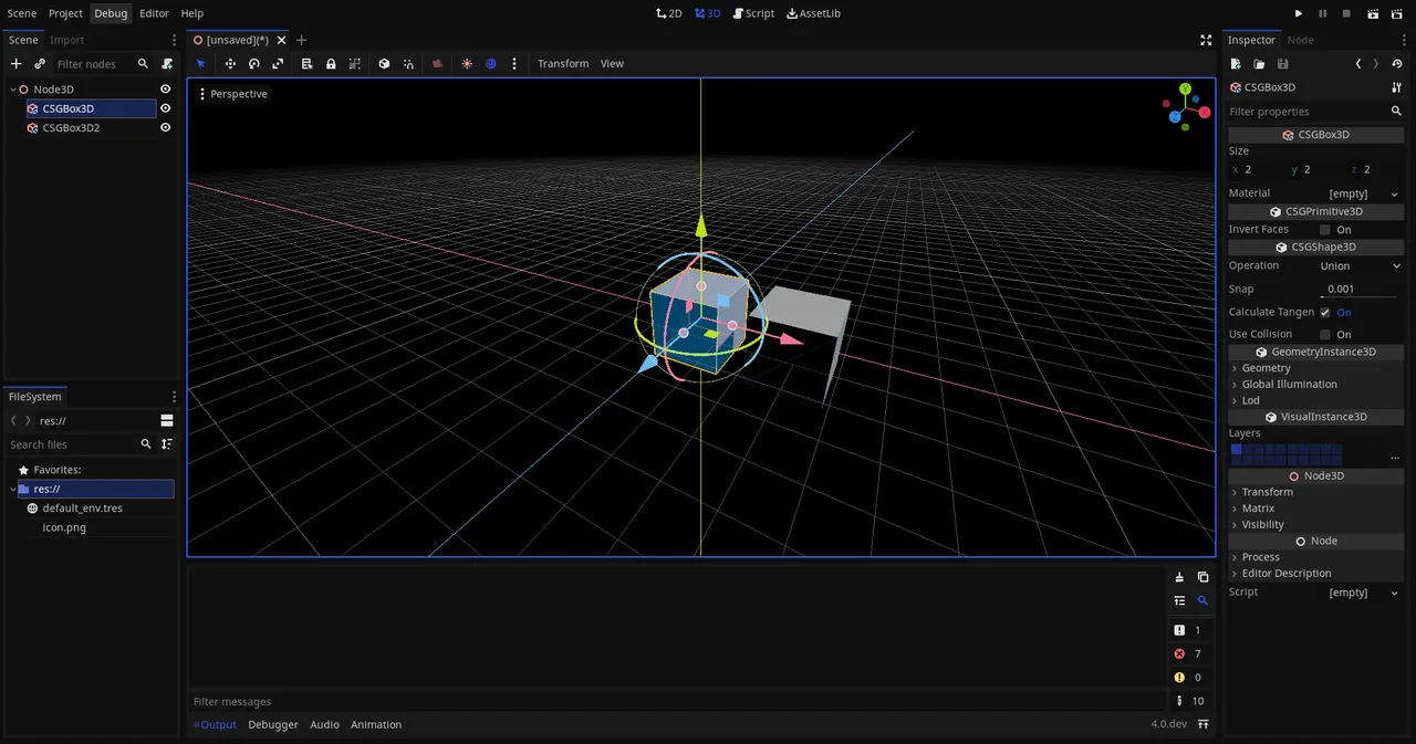 CSG boolean primitives in the 3D viewport, with the CSGBox3D operation and snap settings open in the inspector.