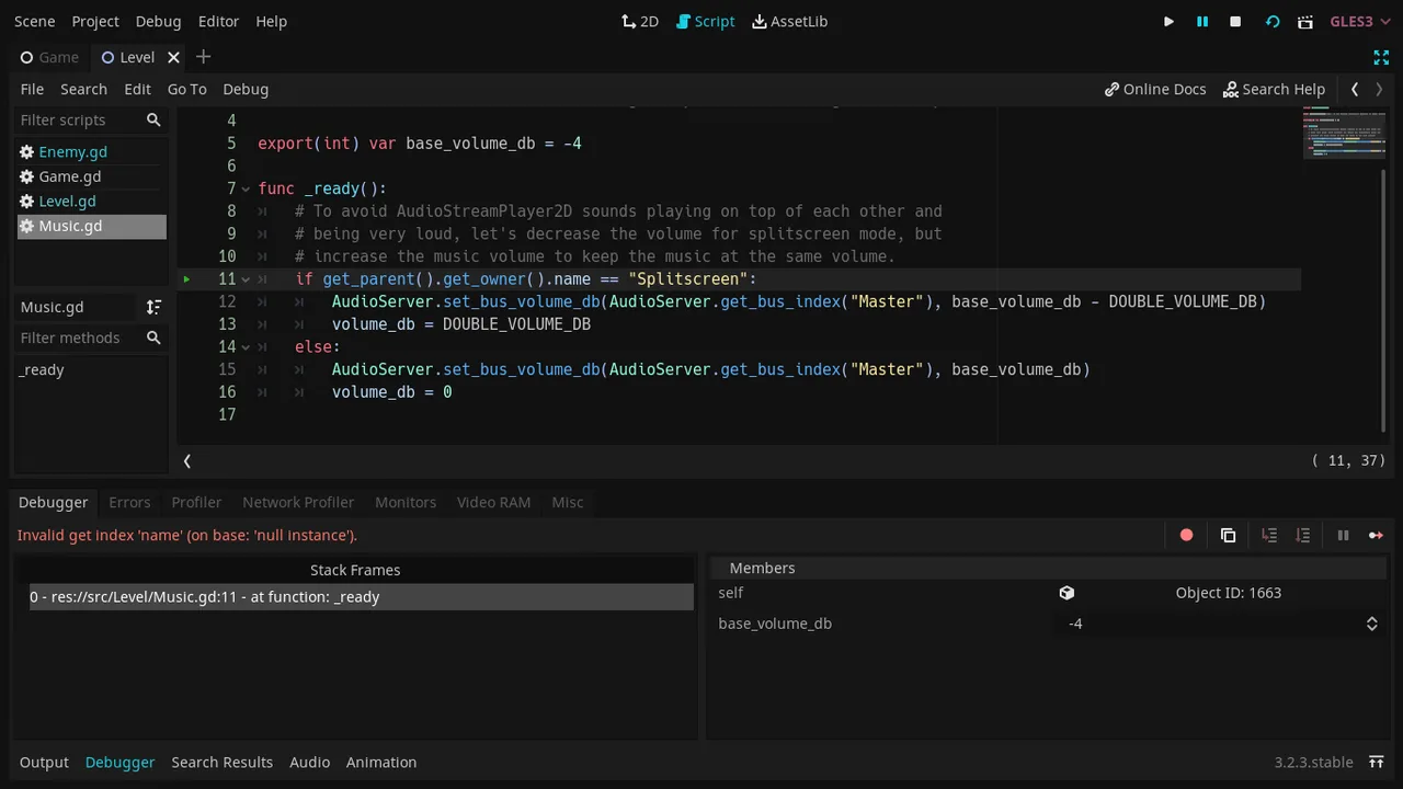 The scripting workspace with the debugger halted on a runtime error, showing the stack frame and the member values at that point.
