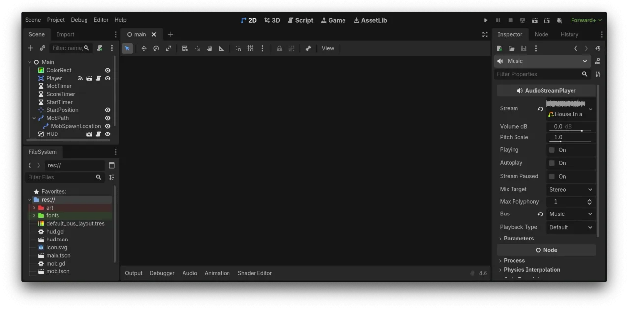 The 2D workspace, with the scene tree and filesystem docks on the left and an AudioStreamPlayer's properties on the right.
