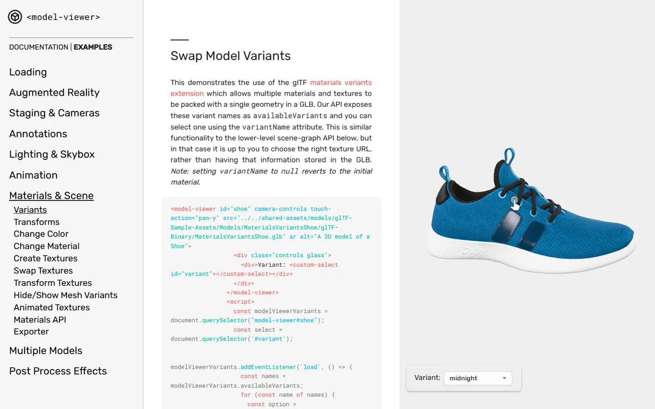 The KHR_materials_variants extension in use: one shoe GLB with a Variant dropdown set to midnight, alongside the code that populates it.