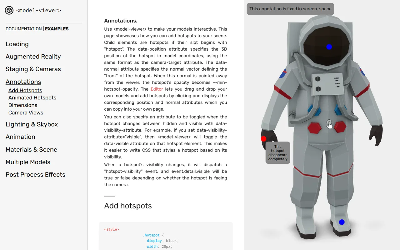 Hotspot annotations pinned to a spacesuit model, including one fixed in screen space and one that hides when it faces away from the camera.