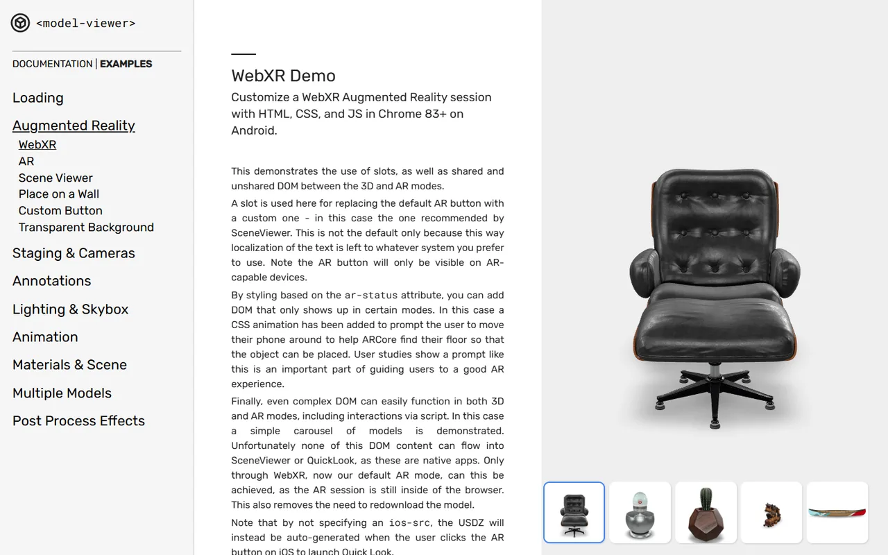 The WebXR demo: an armchair rendered live with a model carousel underneath, and the documentation explaining the Scene Viewer and Quick Look handoff.