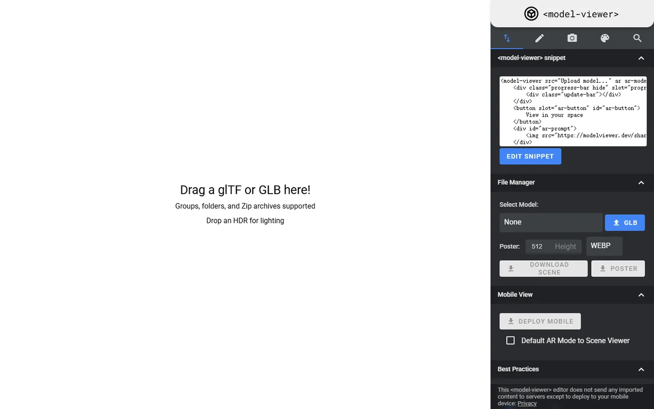 The official editor with its empty drop target, the generated model-viewer HTML snippet, and the file manager and mobile deployment panels.