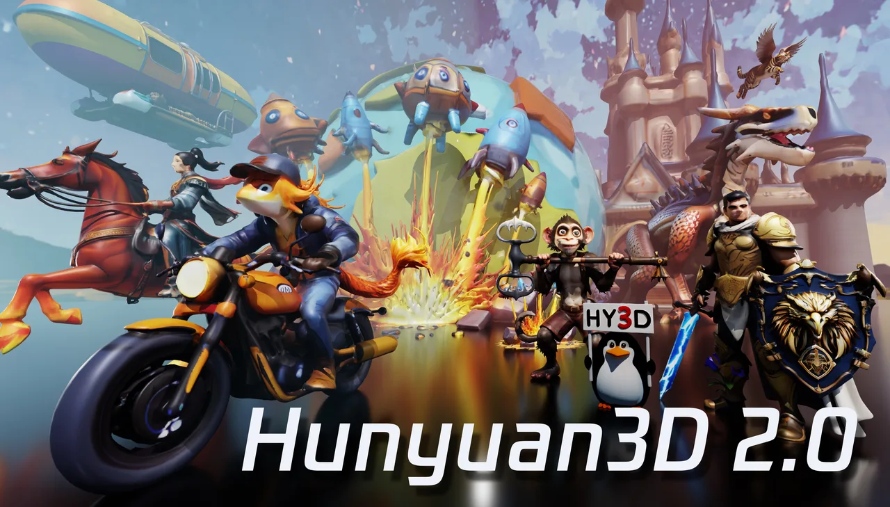 A showcase of assets generated with Hunyuan3D 2.0, from characters and vehicles to props.