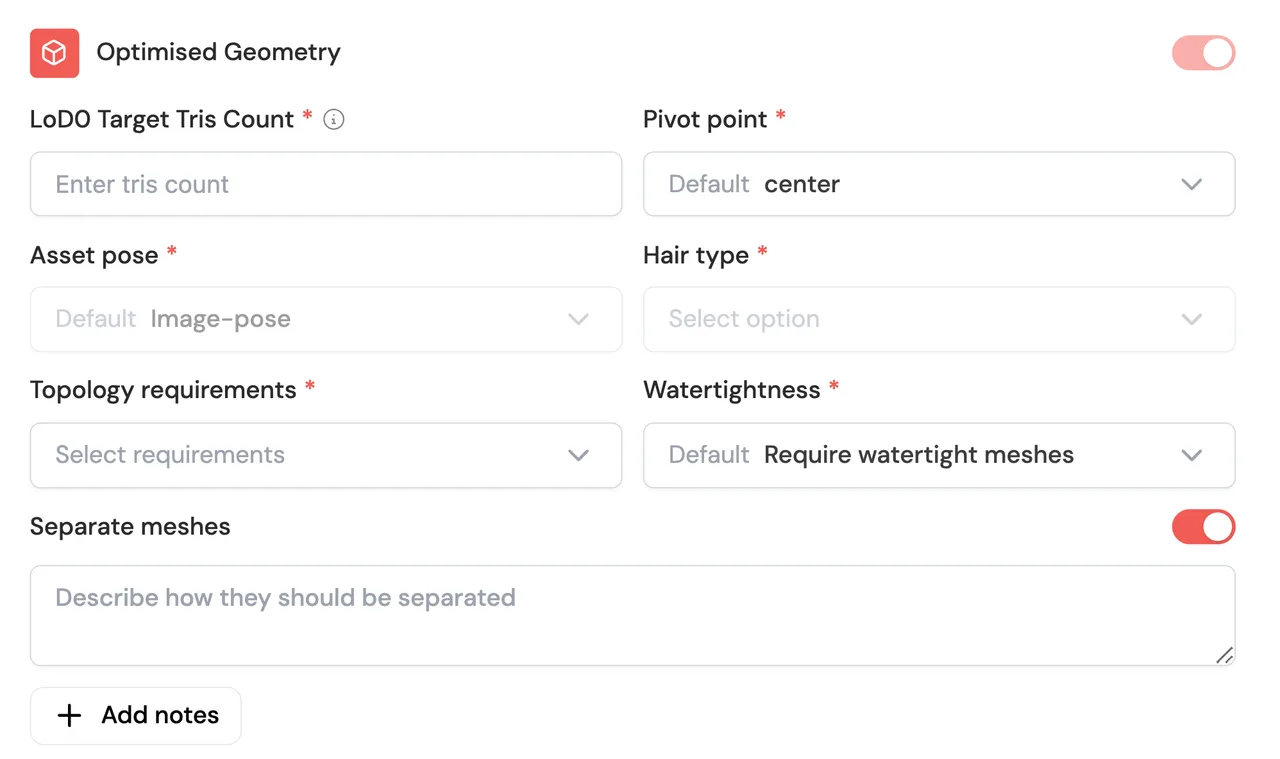Optimised Geometry settings: LoD0 target triangle count, pivot point, asset pose, topology requirements, a watertightness setting that defaults to Require watertight meshes, and a Separate meshes toggle.