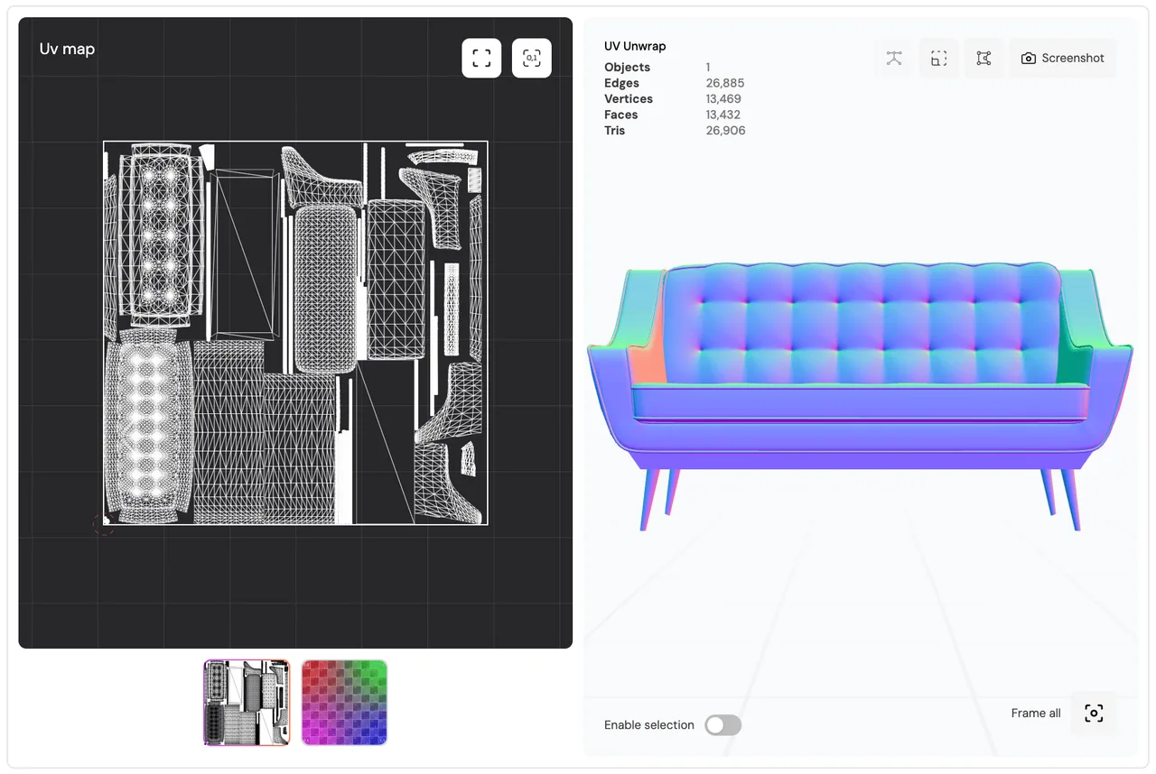 The UV viewer showing the unwrapped layout beside the model, with mesh statistics: 1 object, 26,885 edges, 13,469 vertices, 13,432 faces and 26,906 triangles.