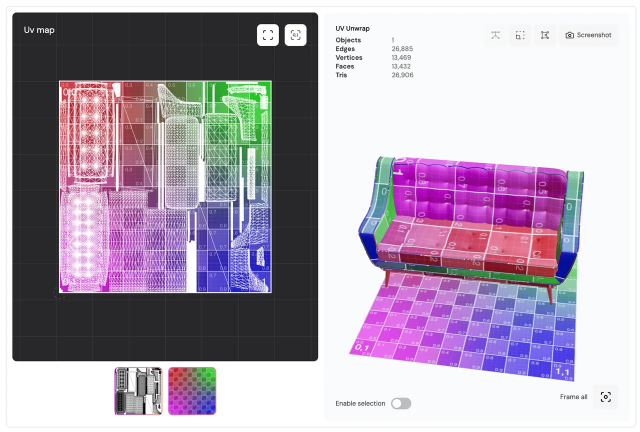 The texel density inspector applying a UV checker map to the model and its UV layout, used to confirm texture resolution is even across the surface.