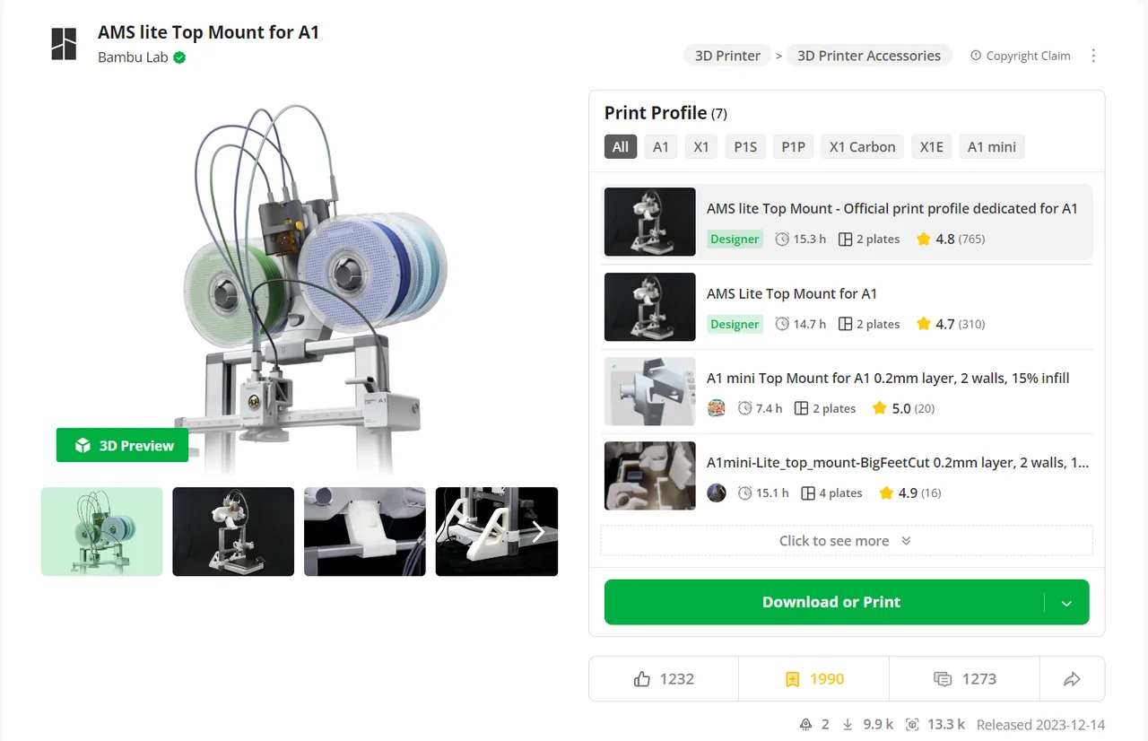 A model page as redesigned in April 2024: photos and a 3D Preview button on the left, the list of print profiles filtered by printer (A1, X1, P1S, P1P, X1 Carbon, X1E, A1 mini) on the right, each with print time, plate count and star rating, above a single Download or Print button.