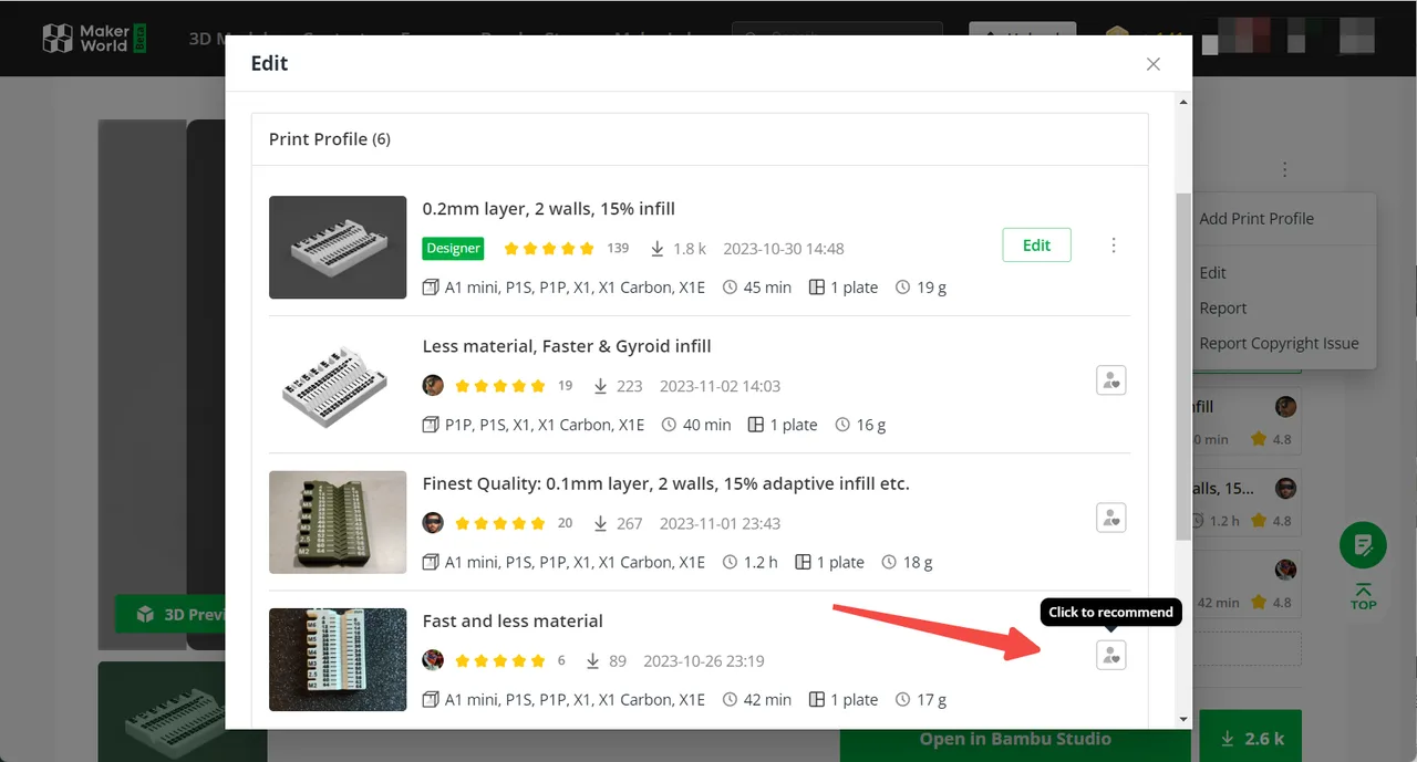 The print profile manager from December 2023, listing four profiles for one model with layer height, wall and infill choices, the designer badge on the author's own profile, star ratings, compatible printers, print time and filament weight in grams.
