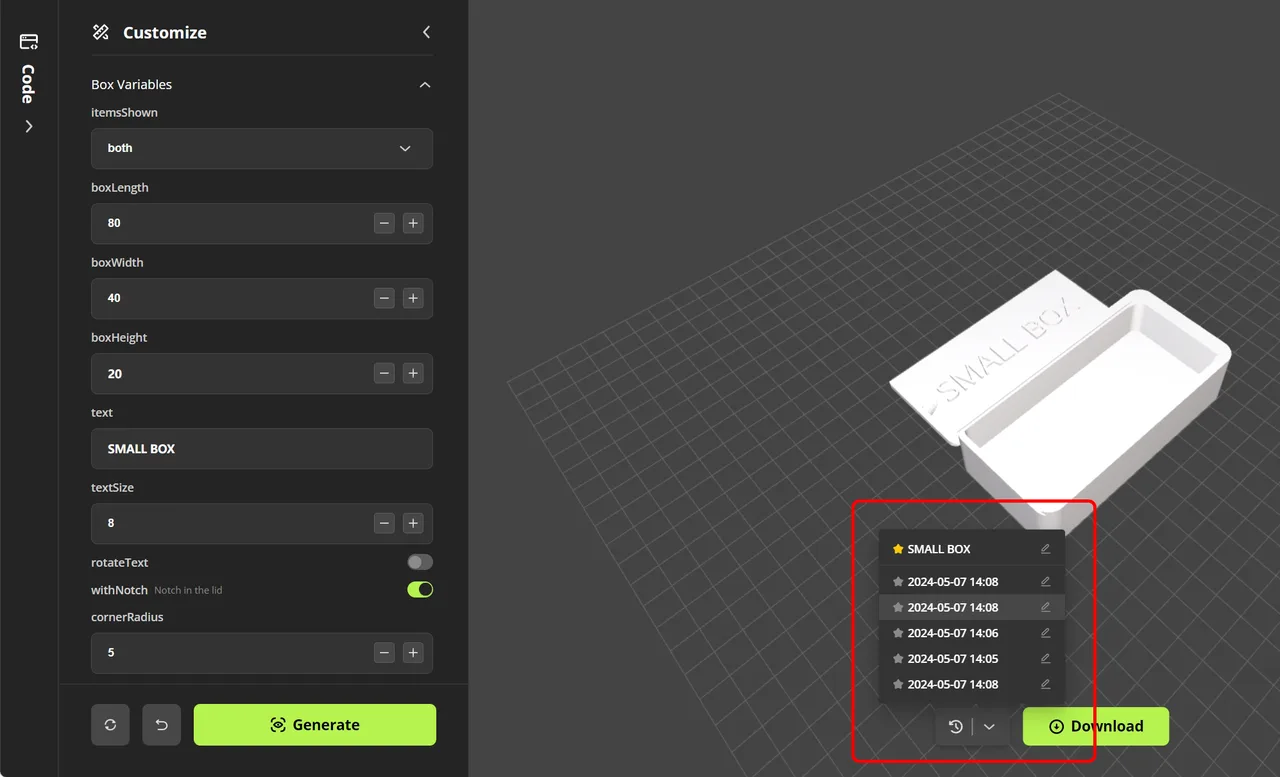 The OpenSCAD customizer added in May 2024: box length, width, height and lid text set with fields on the left, a live 3D preview of the generated box on the right, and a history of earlier configurations above the Generate and Download buttons.