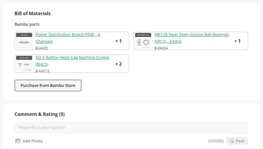 A Bill of Materials block on a model page from April 2024, listing a power distribution board, ball bearings and machine screws with quantities and Bambu part numbers, and a Purchase from Bambu Store button.