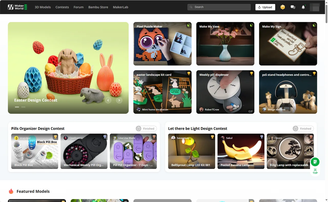 The homepage as redesigned in March 2024, with a contest banner, tiles for MakerLab generators such as Pixel Puzzle Maker, Make My Vase and Make My Sign, and running design contests below.