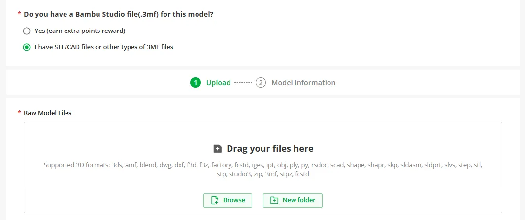 The upload form with "I have STL/CAD files or other types of 3MF files" selected, and the drop zone listing the accepted raw formats, from 3ds and amf through f3d, skp, sldprt, step and stl to 3mf.