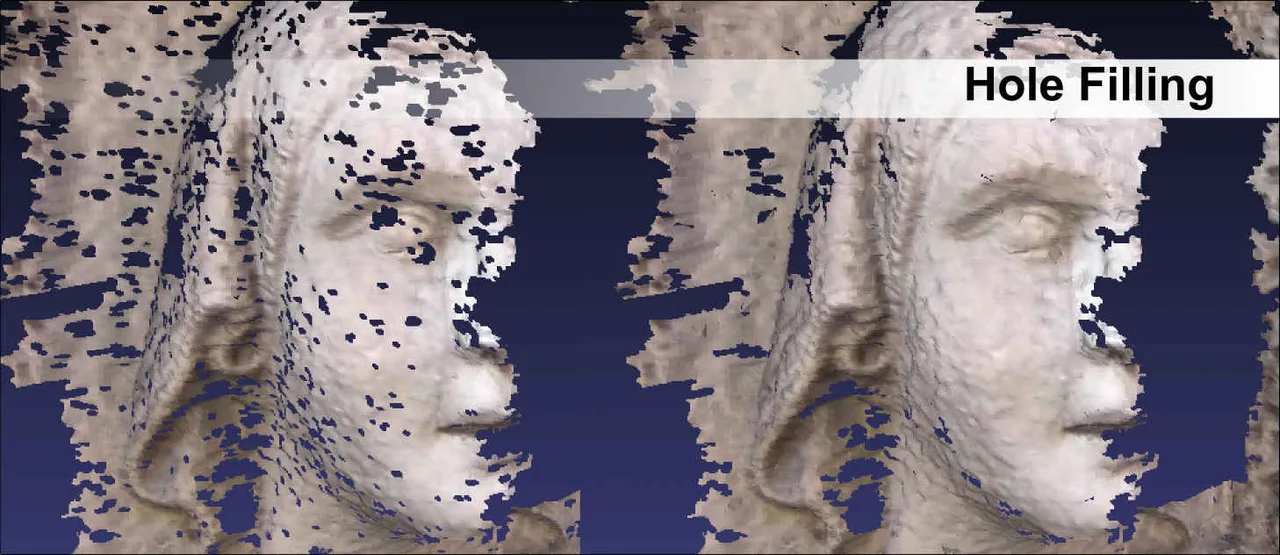 MeshLab filling holes on a scanned mesh, with the hole filling dialog and the affected regions highlighted on the model
