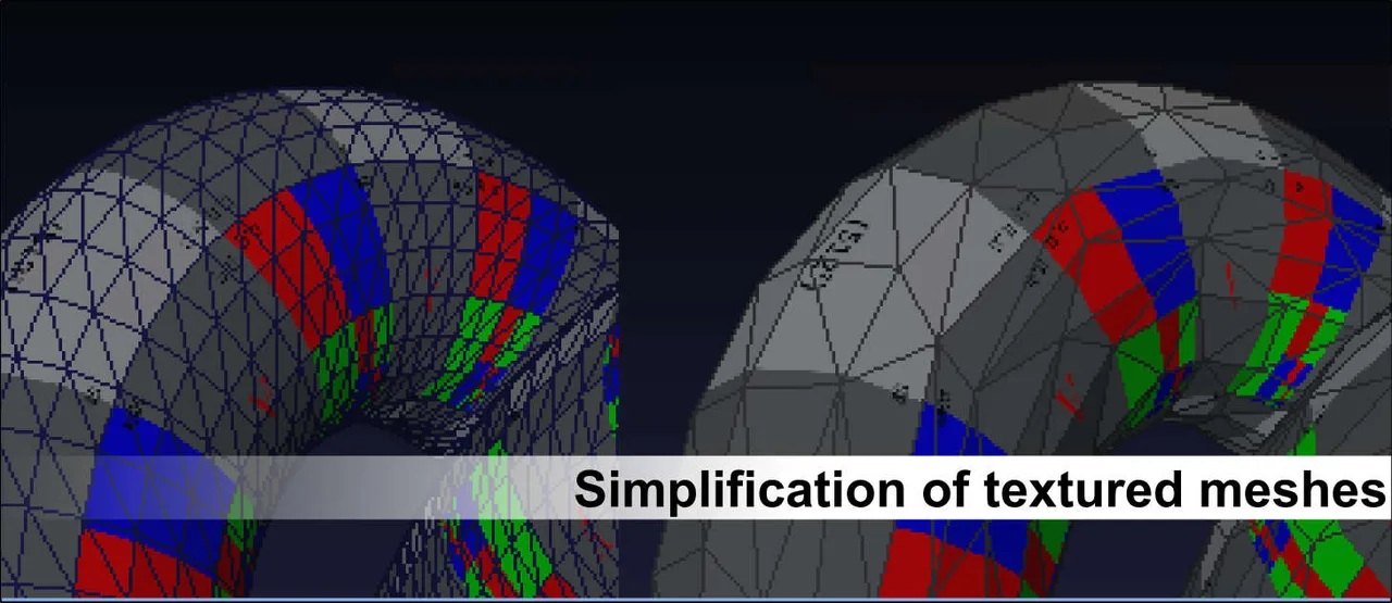 Simplification of a textured mesh: the renowned quadric decimation preserves shape and UVs while cutting polygons.
