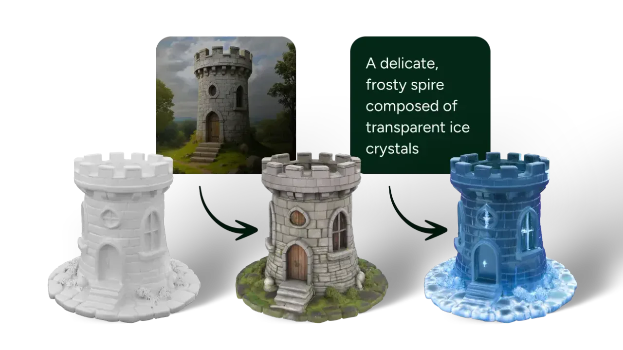 AI Texturing turning an untextured mesh into a PBR textured model from a text prompt.