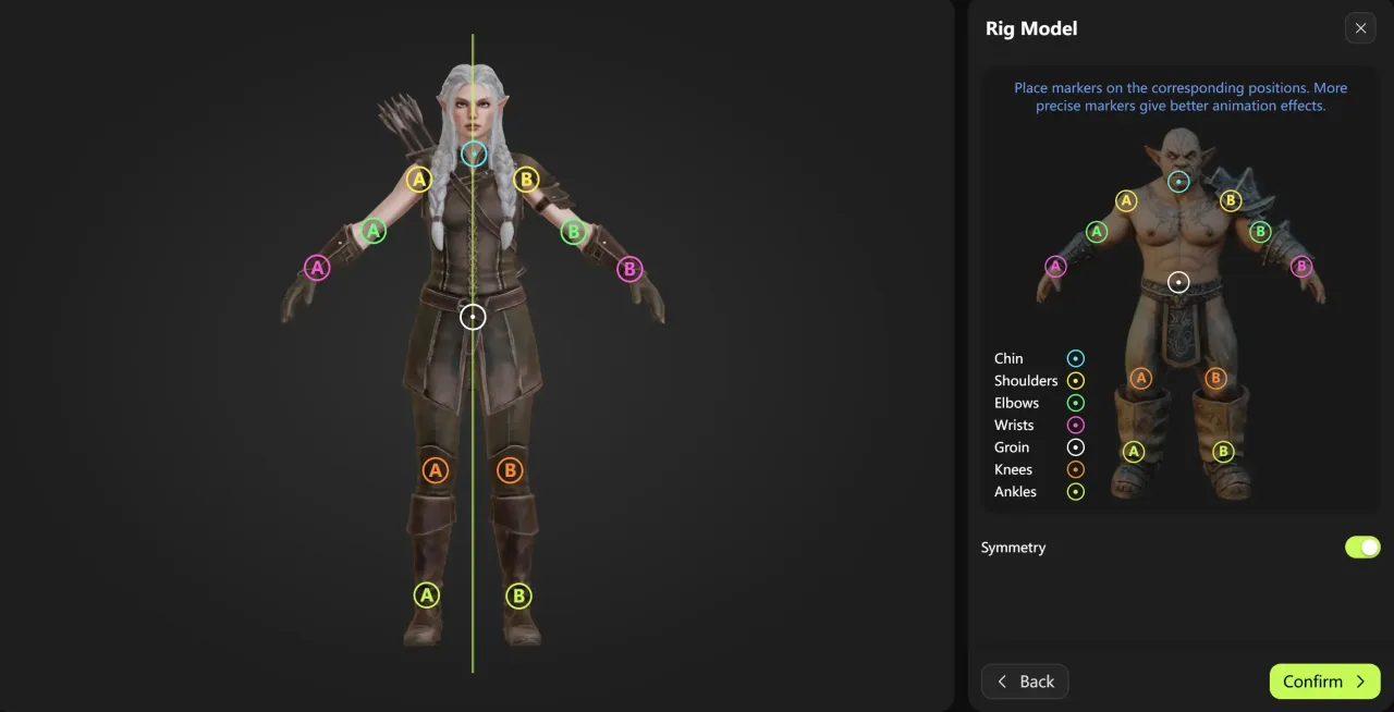 Auto-rigging: placing joint markers on a character so Meshy can build a skeleton.
