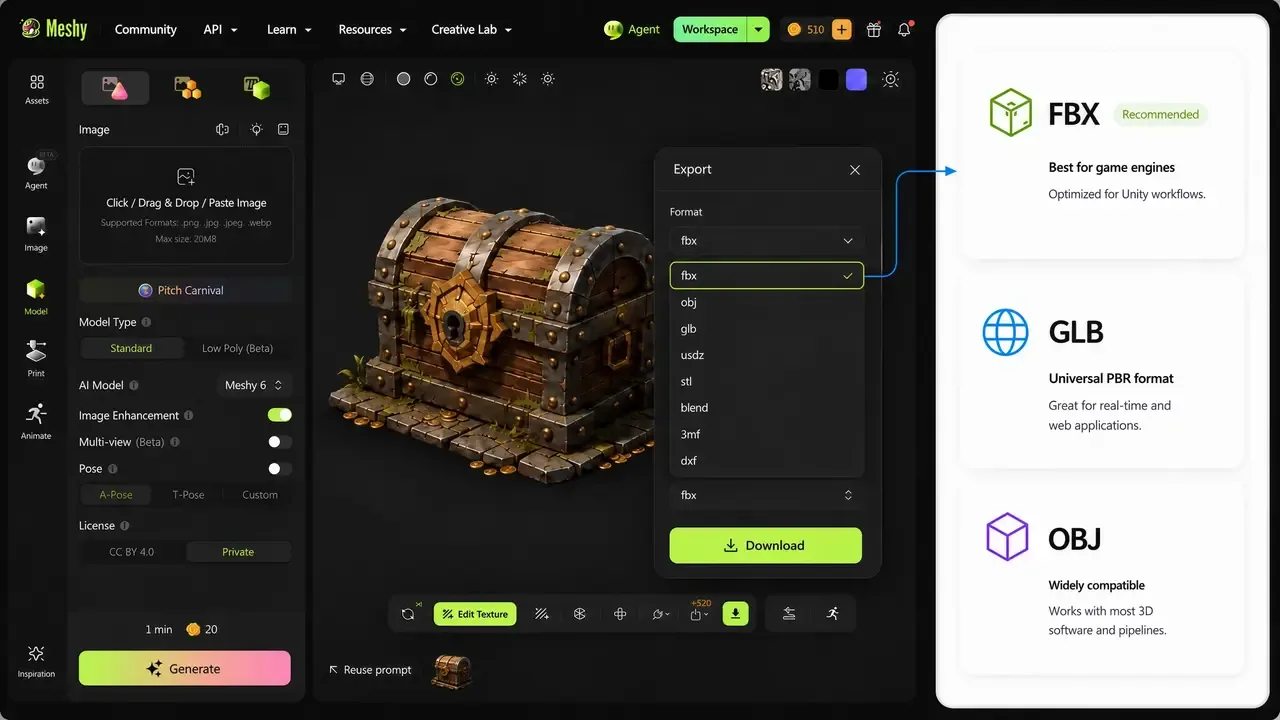 Exporting a finished model, with format options including FBX, GLB, OBJ, USDZ and STL.
